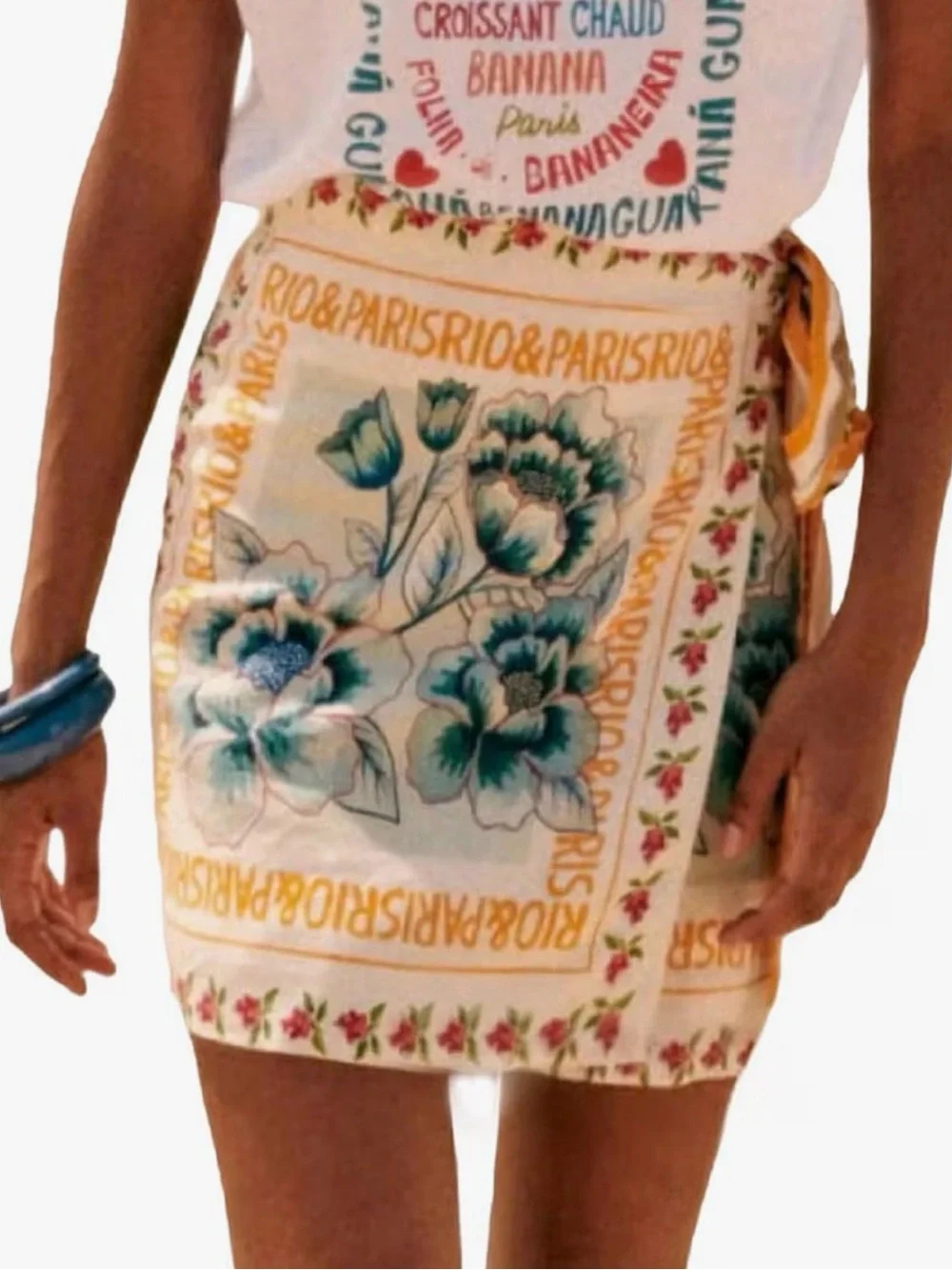 Amazon Floral Wrap Mini Skirt in Cream and Teal with Gold Accents